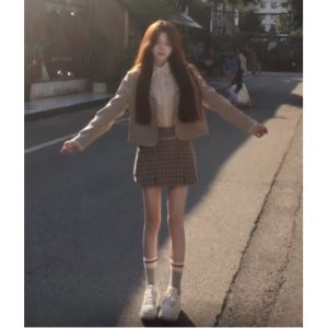 CHANGTONG | Chic College Style Suit Set Korean Fashion Small Size Blazer Jacket Half Skirt Stylish Two Piece Set Trendy Youthful