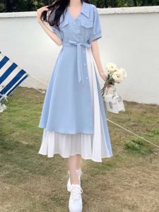 ชุดเดรสยาวทรงเอผ้าชีฟองสไตล์ฮิปซีสำหรับผู้หญิงไซส์ใหญ่ในช่วงฤดูร้อน สไตล์ฝรั่งเศส แขนสั้น คอวี กระโปรงทรงเอ