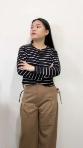 Cardigan Salur Rajut Crop Top Wanita Lengan Panjang Bahan Knit Waffle