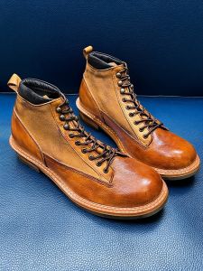 Retro American Style Mens Short Boots High-Top Breathable Vulcanized Rubber Work Shoes with First Layer Cowhide Lining