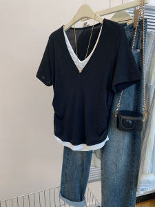 YIFENGXIN | Black V-Neck Imitation Two-Piece Short Sleeve Ice Silk T-Shirt