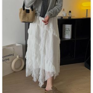 กระโปรงยาวครึ่งตัวผ้าลูกไม้สีขาว ทรงเข้ารูป ไม่มีแผ่นรอง กระโปรงทรงเค้กไม่สมมาตร ฤดูร้อน กระโปรงยาวสำหรับผู้หญิงตั้งครรภ์