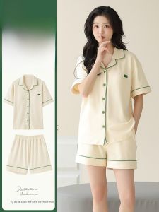 MiiOW | Bộ đồ ngủ cotton nguyên chất mùa hè cho nữ tay ngắn quần short cardigan hở áo dài tay cotton thoáng khí thoải mái cho thanh thiếu niên mặc ở nhà