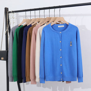 Spring 2023 plus Size Womens Casual Knitted Cardigan round Neck Bear Embroidery Korean Style Loose Fit Long Sleeve Outerwear