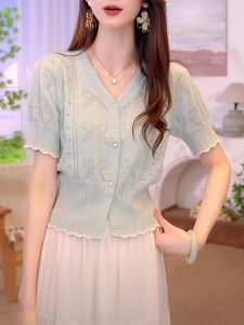 Shalldoer | Blue Lace Trim Hollow Out V-Neck Short Sleeve Knitwear Womens Unique Stylish Summer Top Straight Cut Lightweight Casual Fashion
