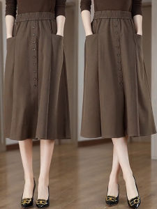 High Waist A-Line Midi Skirt with Pocket Casual Womens Spring Autumn New Style Elastic Waist Pocket Half Body Skirt