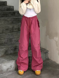 American Style Pink Multi-Pocket Work Pants Women Summer Loose Casual Elastic Waist Parachute Pants Street Style Sport Casual