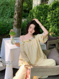 Eees Summer Long Lazy Money Style Embroidered Slant Shoulder Wide Leg Pants Set Draping Feel Fashionable Top Bottom Ensemble