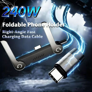 240W Foldable Cable Charger with Stand 2 in 1 Fast Charging Phone Holder Data Cable Builtin Desk Bracket C to C Braided Right Angle Cable for Gaming