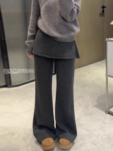 Korean Style High Waist Slimming Woolen Womens New Fashion Pants Casual Commute Wide Leg Fake Two-Piece Cotton Trousers