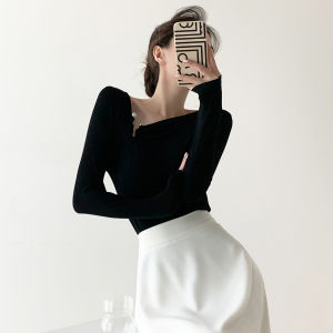 Black Long Sleeve T-Shirt for Women Fashionable Spring Autumn Design Asymmetrical Slim Fit Polyester Viscose Spandex Blouse