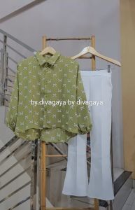 Setelan Anak Perempuan Miskha Atasan Blouse Motif Pita Celana Cutbray Scuba Fashion Kekinian
