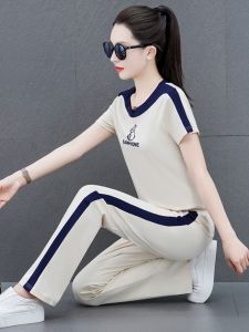Casual Sportswear Set Women Summer 2025 Fashionable Loose Thin Short Sleeve round Neck Running Suit Two-Piece Polyester Fiber