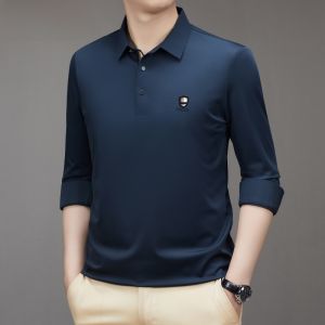 HENGYUANXIANG | Hengyuanxiang Mens Polo Shirt Long Sleeve Silk Blend Casual Contrast Collar T-Shirt Autumn New Style Business Casual Fashion
