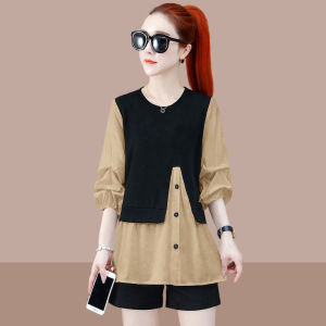 แฟชั่นฤดูร้อนสุภาพสตรีเสื้อยืดยุโรปสไตล์ไม่สมมาตร Patchwork Design ภาพลวงตาสองชิ้นแขนสั้นเสื้อผ้าทํางาน