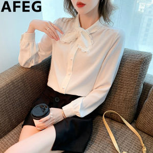 AFEG solid color Korean version stand collar bow fashion loose vintage chiffon long sleeve blouse