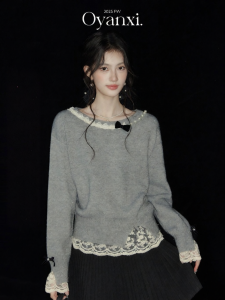 OUYANGXI | Áo Sweater Nơ Đính Ngọc Trai Thời Trang Cho Nữ