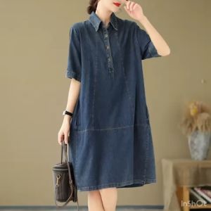 SJM DRESS KASUAL WANITA KERAH POLO BAHAN DENIM PREMIUM LENGAN PENDEK IMPORT BKK 9092