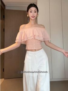 YUEZHONGWEI | Áo Thun Màu Hồng Dáng Trễ Vai Voan Pháp