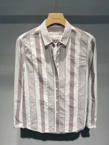 Spring Autumn Thin Long Sleeve Shirt Mens Youth Artistic Maturity Flip Collar Comfortable Breathable Casual Striped Outerwear