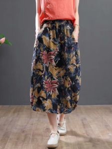 Comfortable Cotton Linen Midi Skirt for Middle-Aged Women Fashionable Printed Loose Fit High Waist Summer Artistic Skirt