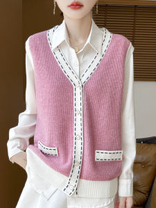 ใหม่ ผู้หญิง คอวี 100 ผ้าขนสัตว์ลายดอกหอมหมื่นลี้ถัก เสื้อกั๊ก แขนกุด ทรงเสื้อเชิ้ต ให้ความอบอุ่น ความยาวปานกลาง ปกติ ปิดด้วยกระดุมเม็ดเดียว