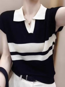 Stripe V-Neck Thin Icesilk Short Sleeve T-Shirts