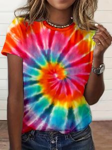 Rainbow Swirl Tie-Dye Womens Tee - Vibrant Spiral Pattern Graphic Retro Hippie Print Design for Casual Daily Wear