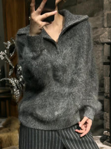 QINGNAER | Soft Warm Gray Half Zip Collar Pullover Sweater Large Size