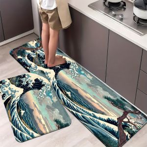 VIKAMA Japanese Ukiyo-e Kanagawa Surf Kitchen Rug Washable Non-slip Mat Laundry Room Bedroom Decorative Carpet Home Decor