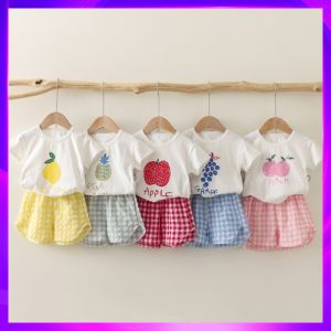 Summer Childrens Fruit Plaid Two-Piece Set Baby Boys Girls Short Sleeve Outfit Korean Style Artificial Color Cotton Clothes