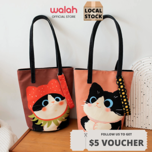 Korean Style Women Canvas Bags Small Canvas Bucket Bags Sling Bags Cartoon Cat Thickened Bucket Bag
