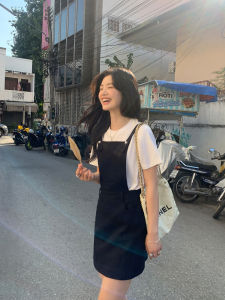 Pusumede Black Mini Dress Womens High-End Waist-Cinching Short Skirt Layering Shoulder Strap Dress Young-looking Fashionable