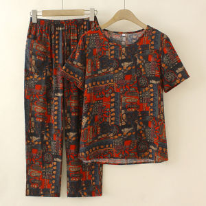 Bộ Đồ Lụa Cotton Mỏng Mùa Hè Cho Phụ Nữ Trung Niên Và Cao Tuổi Bộ Đồ Hai Mảnh Có Cổ Tròn Tay Thường Họa Tiết Hoa Và Chim