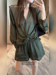 Linen Blend V-Neck Shirt with Knot Detail Loose Waist A-Line Shorts Set