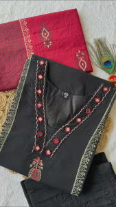 Elegant Black Cotton Salwar Kameez with Embroidery Detail and Maroon Dupatta_399 [pro booking]