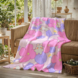 BILIBILI | Cute Bunnies Pink Flowers Flannel Blanket Perfect for Sofa Office Bed Travel Sleep Read Relax Camping Four Season Use