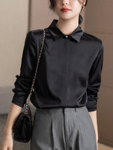 เสื้อเชิ้ตผู้หญิงแขนยาวผ้าซาตินสไตล์ฝรั่งเศส ฤดูใบไม้ผลิ 2025 เสื้อเชิ้ตสีดำสุดสง่างาม ทรงหลวม สไตล์เกาหลี