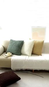 45x45CM Cream Style Pillow Solid Color Elastic Puff Plaid Pillow Cover Soft Square Pillowcase Cream Style Corduroy Pillow