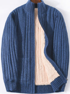 Áo Khoác Len Dày Có Lót Lông Cừu Cho Nam Cổ Đứng Áo Len Cardigan Dệt Kim Dáng Rộng Mùa Đông Thường Ngày Áo Khoác Ngoài