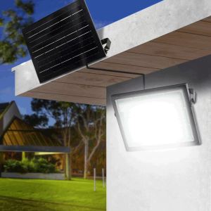 Outdoor Waterproof Solar Floodlight 50W/100W LED ไฟสปอร์ตไลท์ความสว่างสูง ไฟสปอร์ตไลท์พลังงานแสงอาทิตย์ SMD2835 ที่ตั้งเวลาปิดเปิดได้