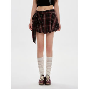 Summer Plaid Belted Flower Bud Mini Skirt Womens High Waist Slim A-Line Short Skirt Trendy Sweet Cool Girls Half-length Skirt