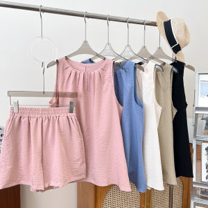 Korean Style Versatile round Neck Pleated Sleeveless Vest Top High Waist Slimming Shorts Wide Leg Pants Casual Pants Women