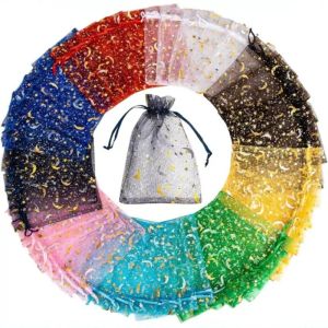 Moon Stars Drawstring Organza Bags Jewelry Gift Bags Pouches Gold Star Organza Favor Pouches for Christmas Wedding