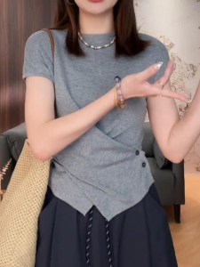 Shalldoer | Stylish Cross-buttoned Knitted Short Sleeve Womens Blouse 2026 Summer Breathable