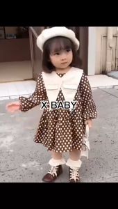 X BABY Dress Gaun Anak Perempuan Lengan Panjang Katun Toyobo Fodu Polka O-Neck Korean Style 1-4 Tahun