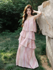 MEIZISHULE | Atmospheric Dye Printed Multi-layered Swing Dress Halter