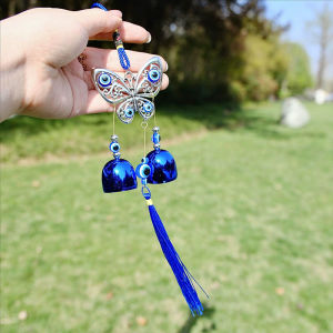 กำไลข้อมือกระดิ่งโลหะโมบายกระดิ่งลมแบบแขวนสีน้ำเงินสำหรับตกแต่งชาติพันธุ์งานฝีมือตกแต่งกลางแจ้งในบ้าน