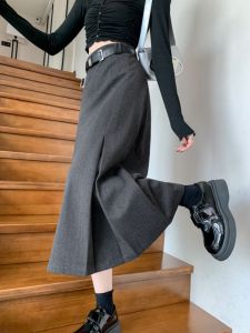 กระโปรงทรงเอเอวสูงสีเทาสำหรับผู้หญิงในฤดูใบไม้ร่วงและฤดูหนาว กระโปรงทรงตรงยาวคลุมเข่าทรงเอเอวสูง กระโปรงทรงเอเอวสูง