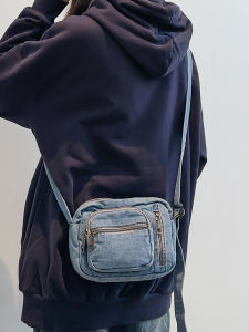 Retro Japanese Washed เดนิม กระเป๋าสะพายข้างขนาดเล็ก ลำลอง กระเป๋าโทรศัพท์ผู้ชายไหล่เดี่ยวสไตล์ฮ่องกง หนัง กระเป๋าถือ